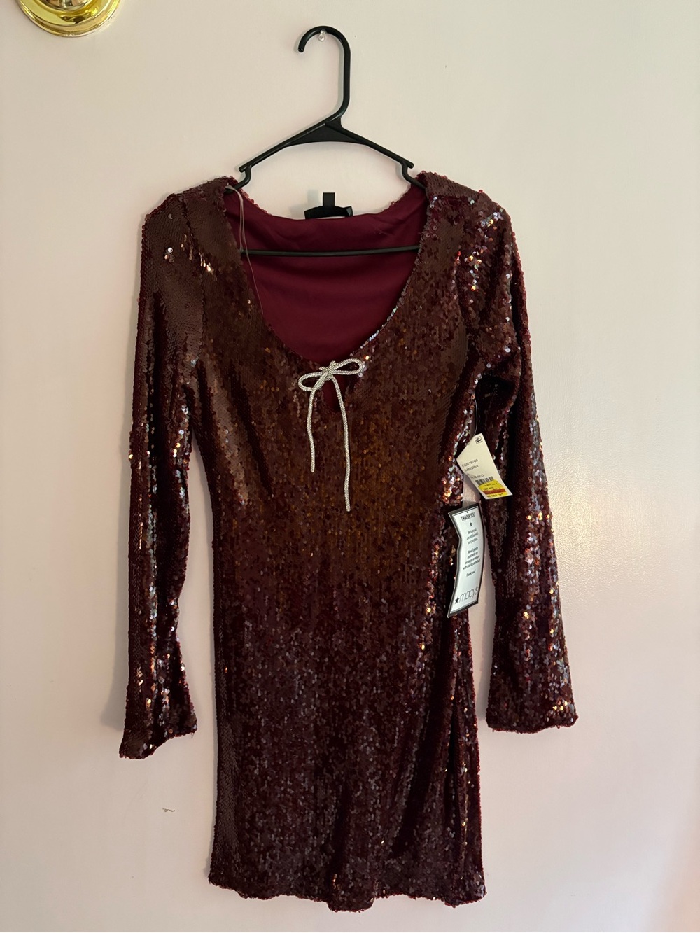 Crystal Doll Burgundy Sequin Long-Sleeve Tie-Front Dress